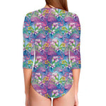 Colorful Tropical Flamingo Print Long Sleeve Swimsuit
