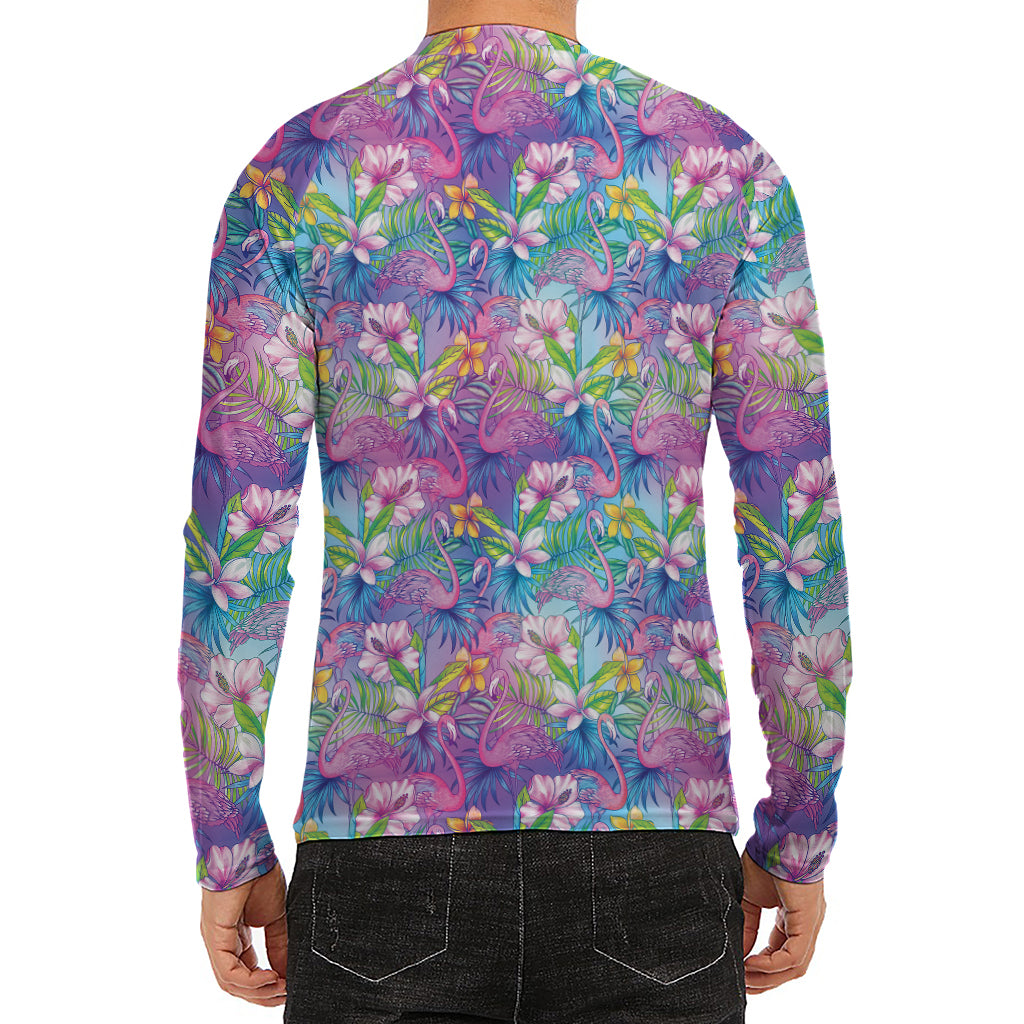 Colorful Tropical Flamingo Print Men's Long Sleeve Rash Guard