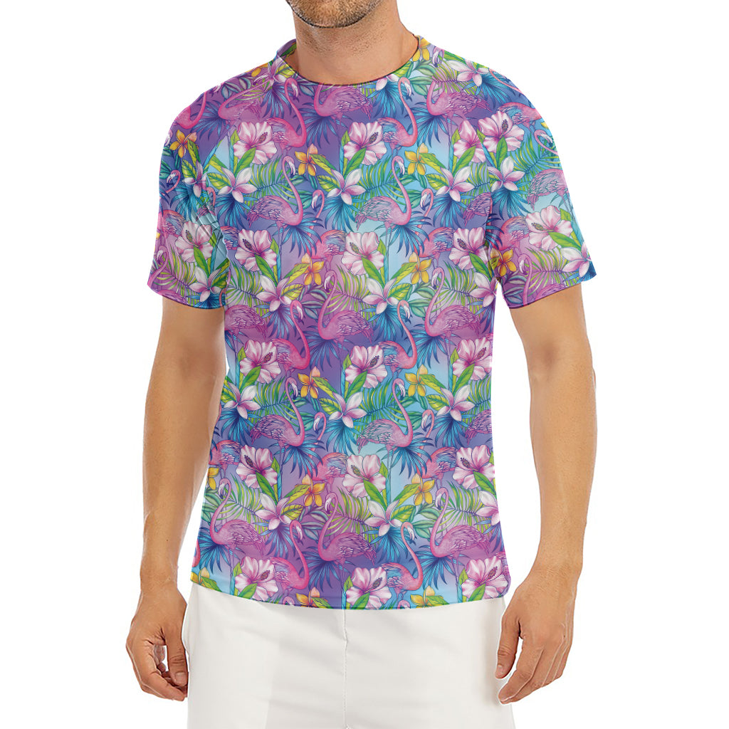 Colorful Tropical Flamingo Print Men's Short Sleeve Rash Guard