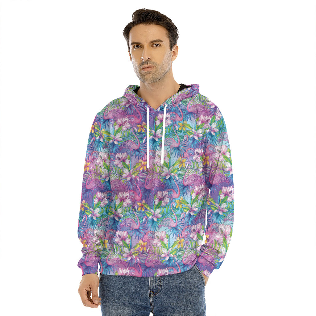 Colorful Tropical Flamingo Print Men's Velvet Pullover Hoodie