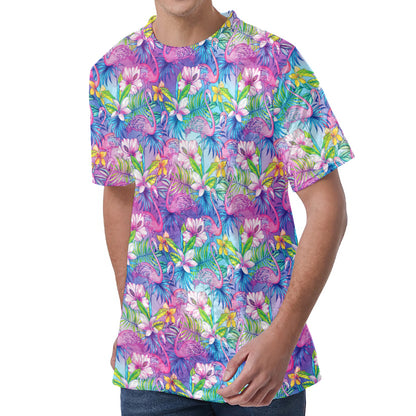 Colorful Tropical Flamingo Print Men's Velvet T-Shirt