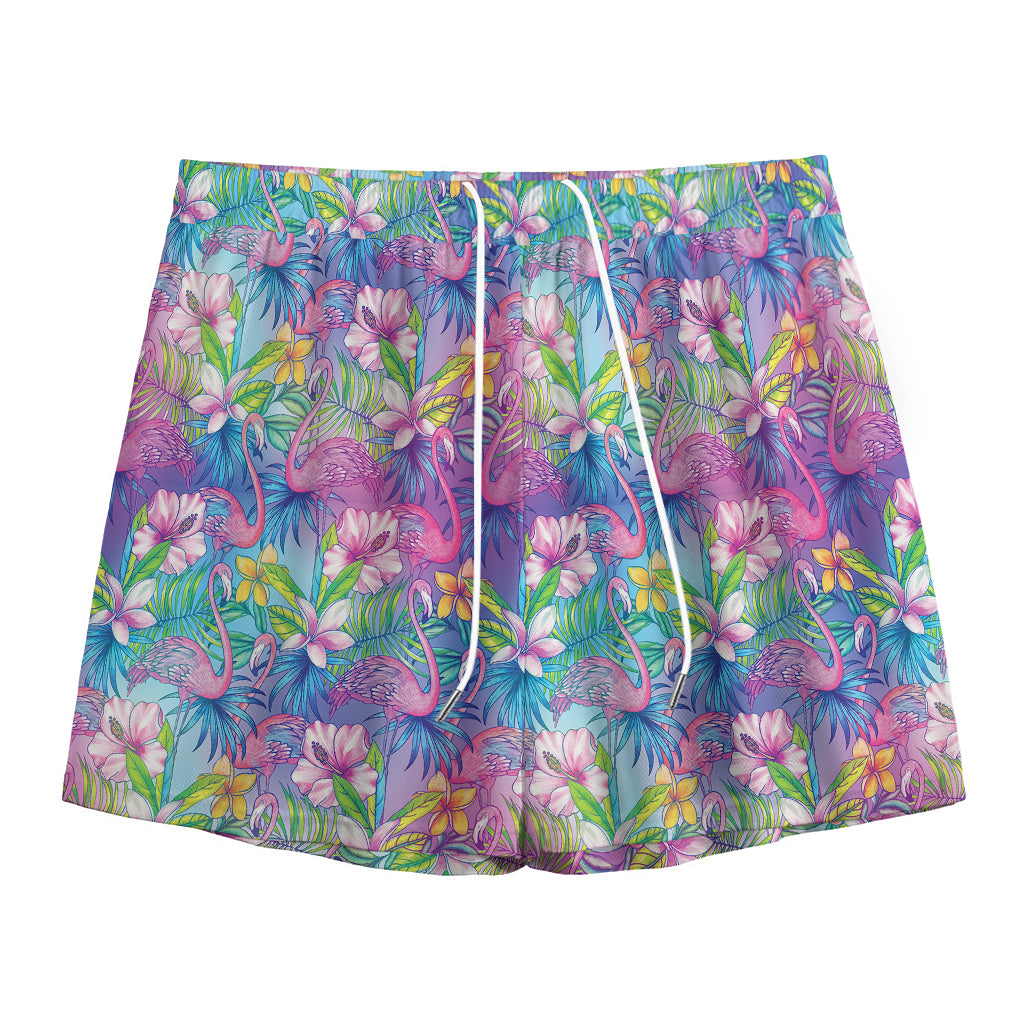 Colorful Tropical Flamingo Print Mesh Shorts