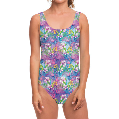 Colorful Tropical Flamingo Print One Piece Swimsuit