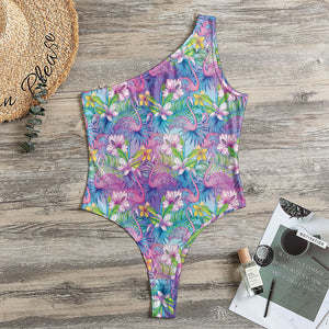 Colorful Tropical Flamingo Print One Shoulder Bodysuit