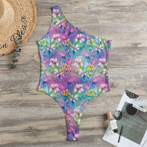 Colorful Tropical Flamingo Print One Shoulder Bodysuit