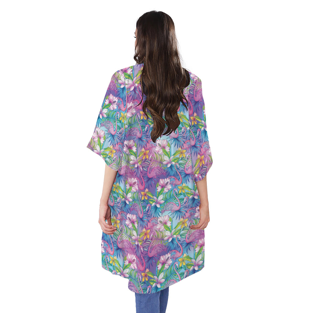 Colorful Tropical Flamingo Print Open Front Beach Cover Up