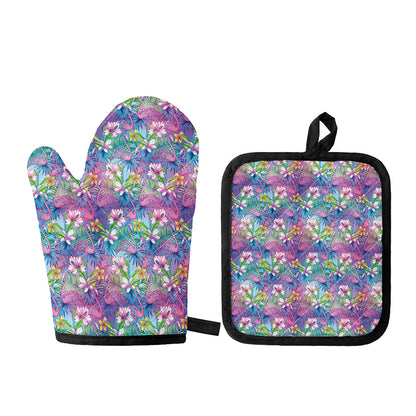 Colorful Tropical Flamingo Print Oven Mitt And Pot Holder Set