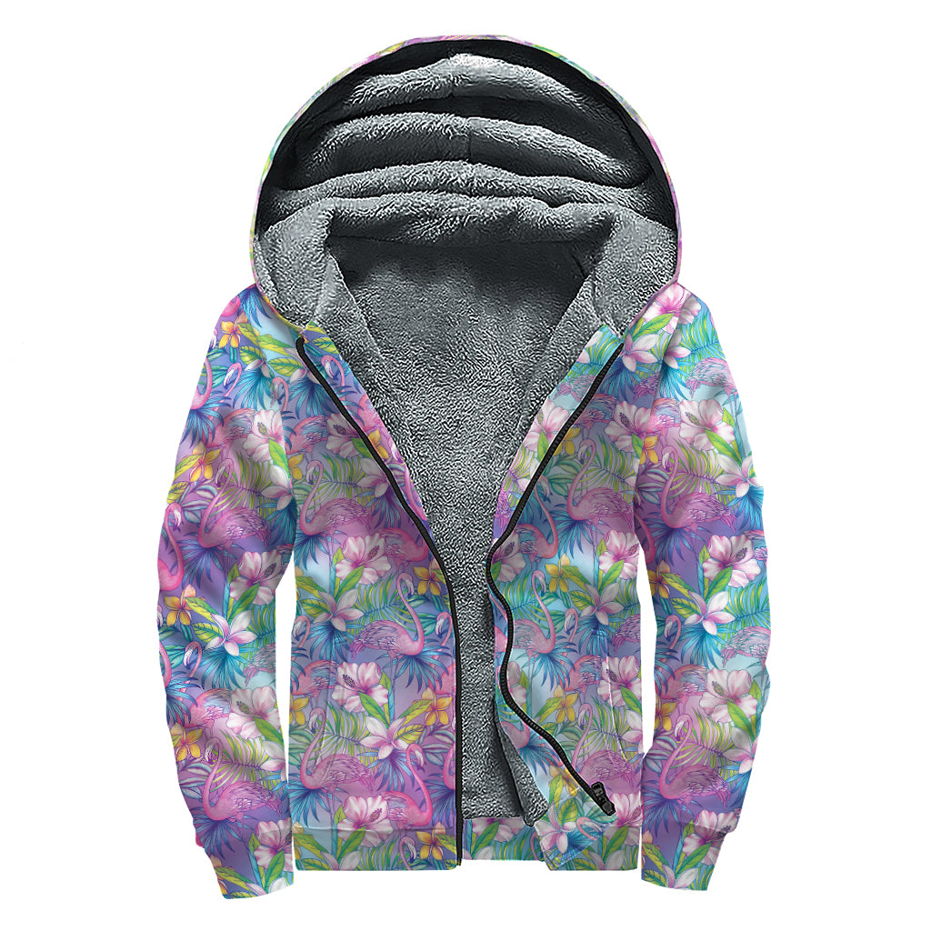 Colorful Tropical Flamingo Print Sherpa Lined Zip Up Hoodie