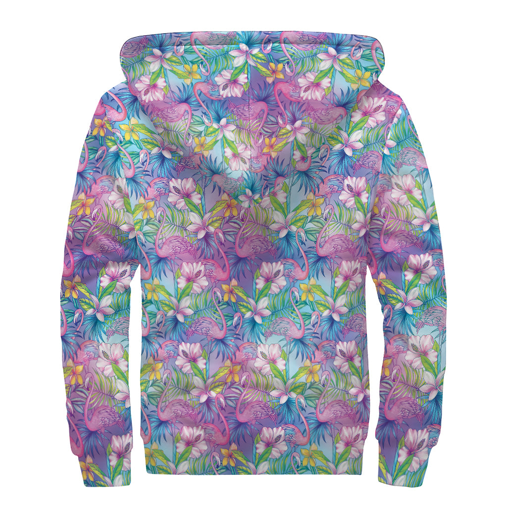 Colorful Tropical Flamingo Print Sherpa Lined Zip Up Hoodie