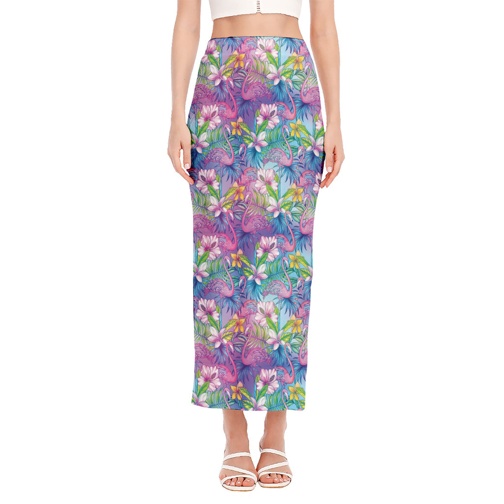 Colorful Tropical Flamingo Print Side Slit Maxi Skirt