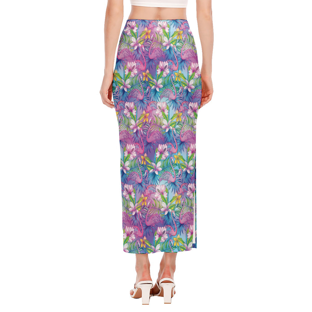 Colorful Tropical Flamingo Print Side Slit Maxi Skirt