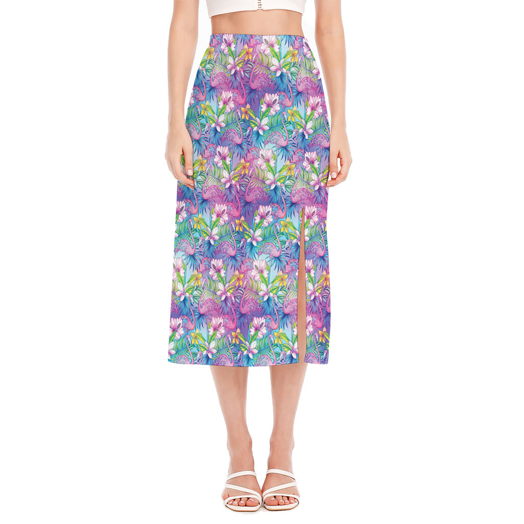 Colorful Tropical Flamingo Print Side Slit Midi Skirt