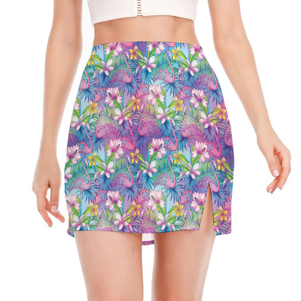 Colorful Tropical Flamingo Print Side Slit Mini Skirt