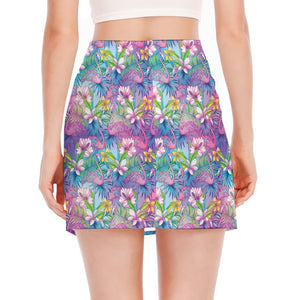 Colorful Tropical Flamingo Print Side Slit Mini Skirt