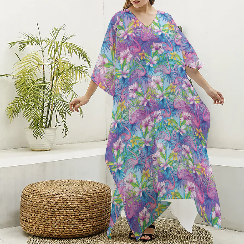 Colorful Tropical Flamingo Print Silk V-Neck Kaftan Dress