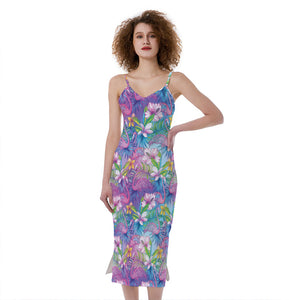 Colorful Tropical Flamingo Print Slim Fit Midi Cami Dress