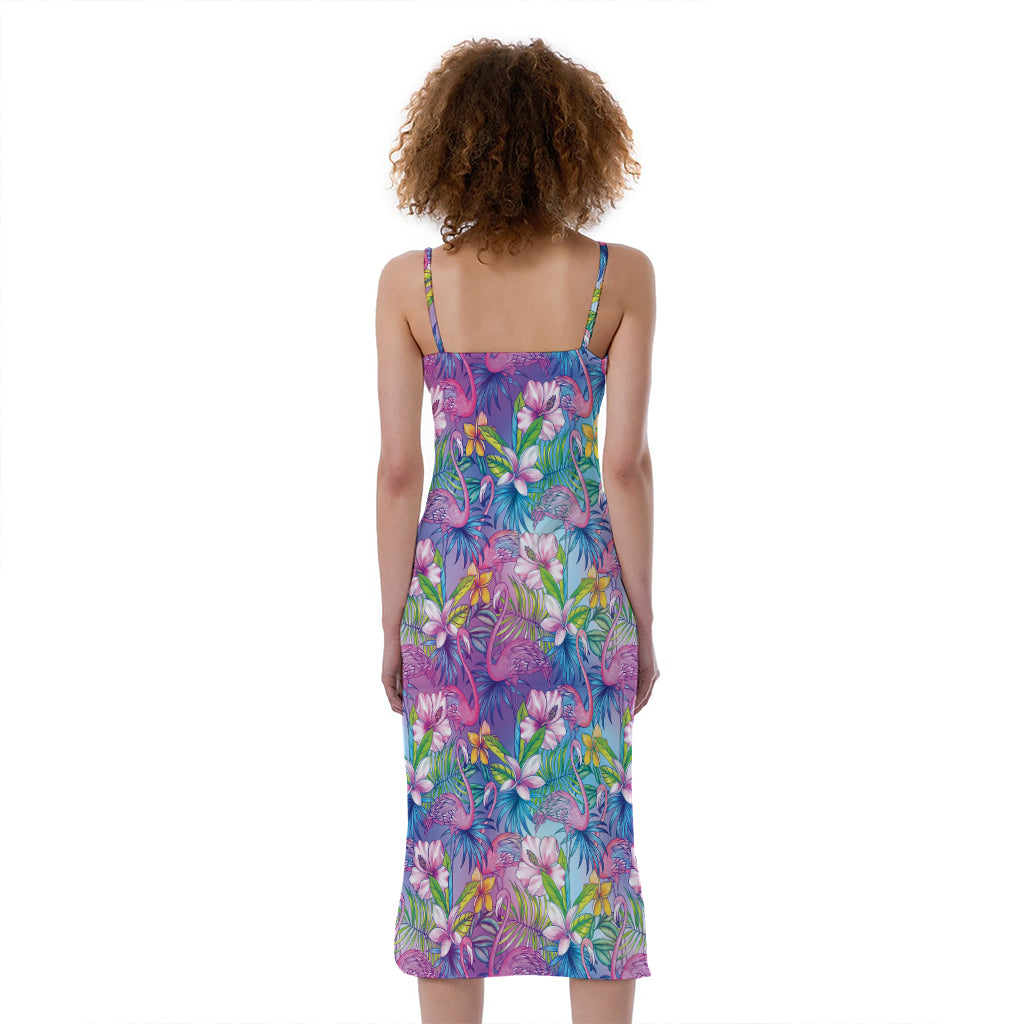 Colorful Tropical Flamingo Print Slim Fit Midi Cami Dress