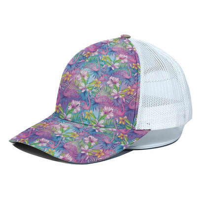 Colorful Tropical Flamingo Print White Mesh Trucker Cap