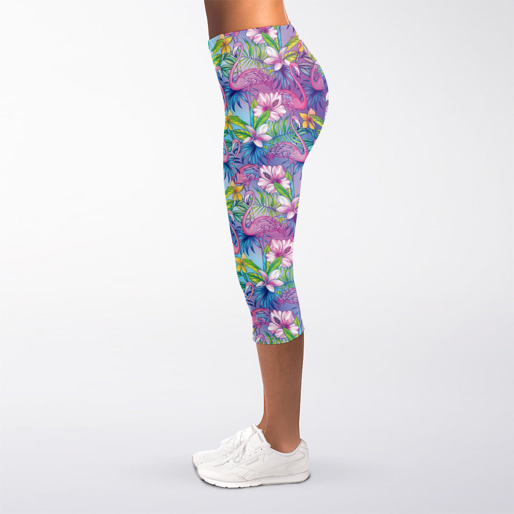 Colorful Tropical Flamingo Print Women's Capri Leggings