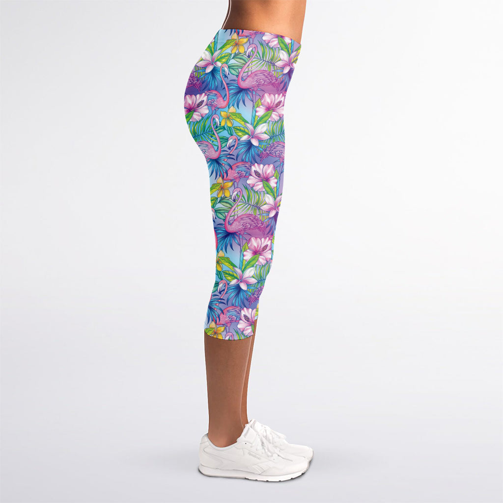 Colorful Tropical Flamingo Print Women's Capri Leggings