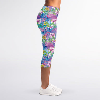 Colorful Tropical Flamingo Print Women's Capri Leggings