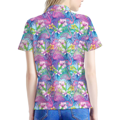 Colorful Tropical Flamingo Print Women's Polo Shirt