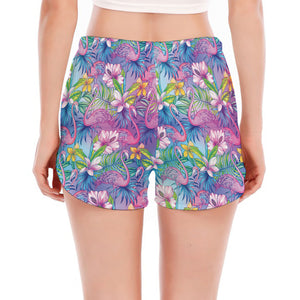 Colorful Tropical Flamingo Print Women's Split Running Shorts