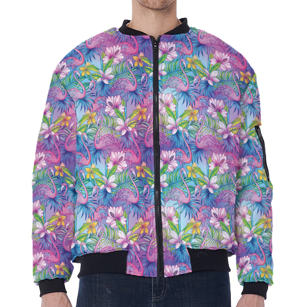 Colorful Tropical Flamingo Print Zip Sleeve Bomber Jacket