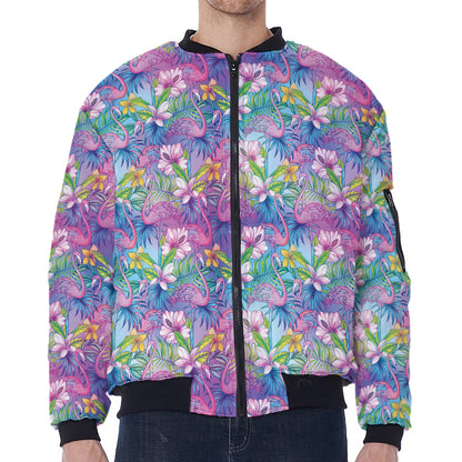 Colorful Tropical Flamingo Print Zip Sleeve Bomber Jacket