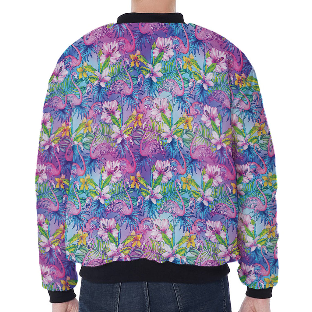 Colorful Tropical Flamingo Print Zip Sleeve Bomber Jacket
