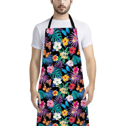 Colorful Tropical Jungle Hawaiian Print Bib Apron With Pocket