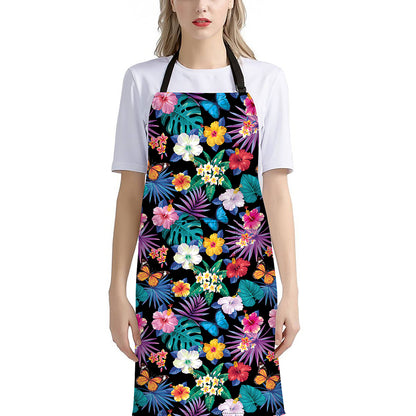 Colorful Tropical Jungle Hawaiian Print Bib Apron With Pocket