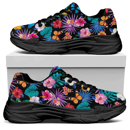 Colorful Tropical Jungle Hawaiian Print Black Chunky Shoes