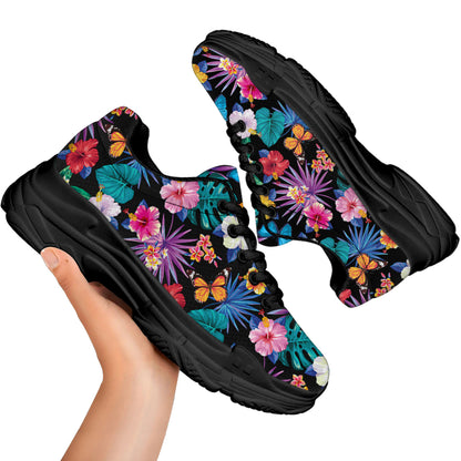Colorful Tropical Jungle Hawaiian Print Black Chunky Shoes