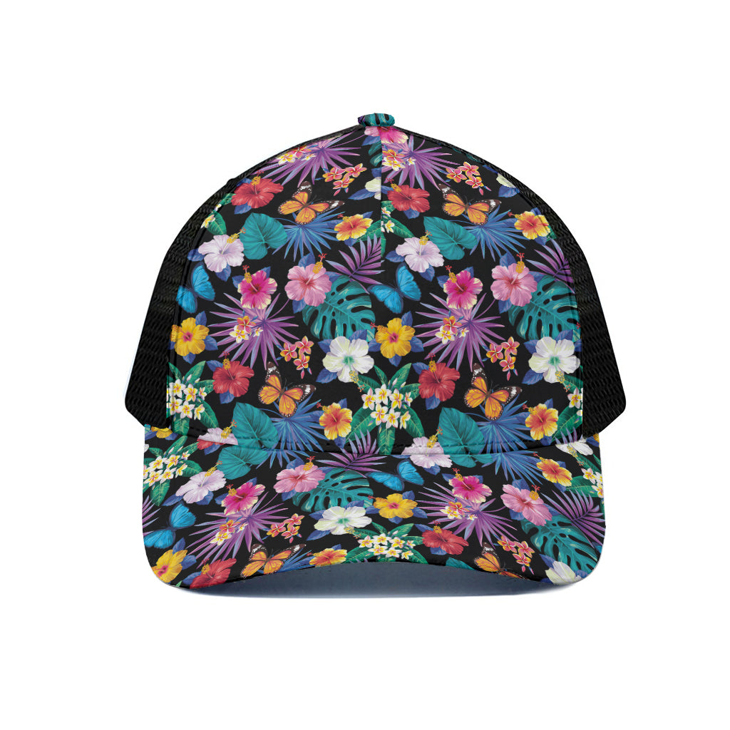 Colorful Tropical Jungle Hawaiian Print Black Mesh Trucker Cap