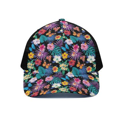 Colorful Tropical Jungle Hawaiian Print Black Mesh Trucker Cap