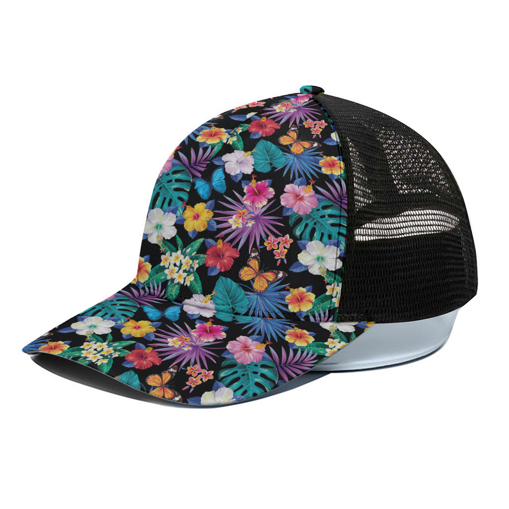 Colorful Tropical Jungle Hawaiian Print Black Mesh Trucker Cap