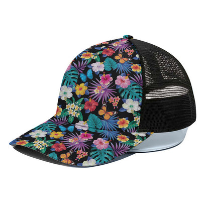 Colorful Tropical Jungle Hawaiian Print Black Mesh Trucker Cap