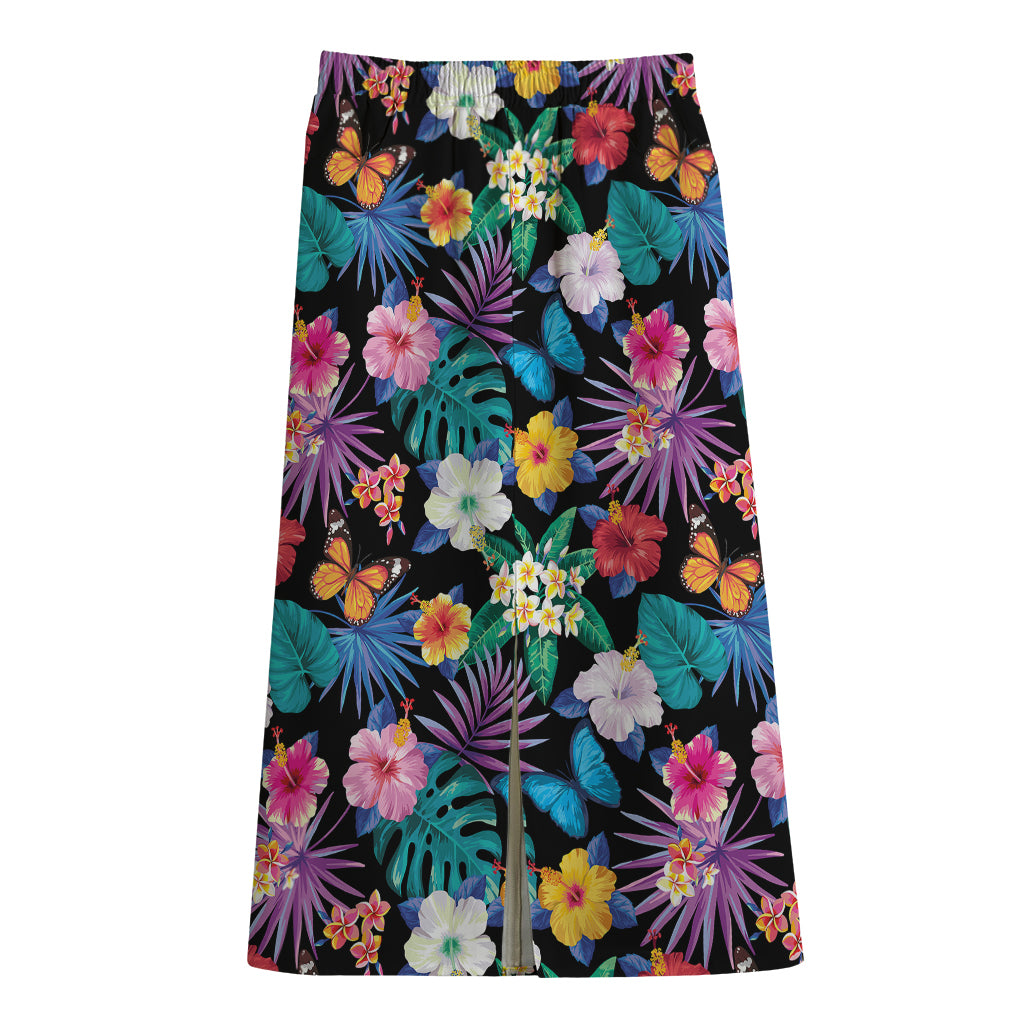 Colorful Tropical Jungle Hawaiian Print Cotton Front Slit Maxi Skirt