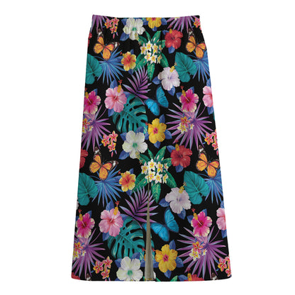 Colorful Tropical Jungle Hawaiian Print Cotton Front Slit Maxi Skirt