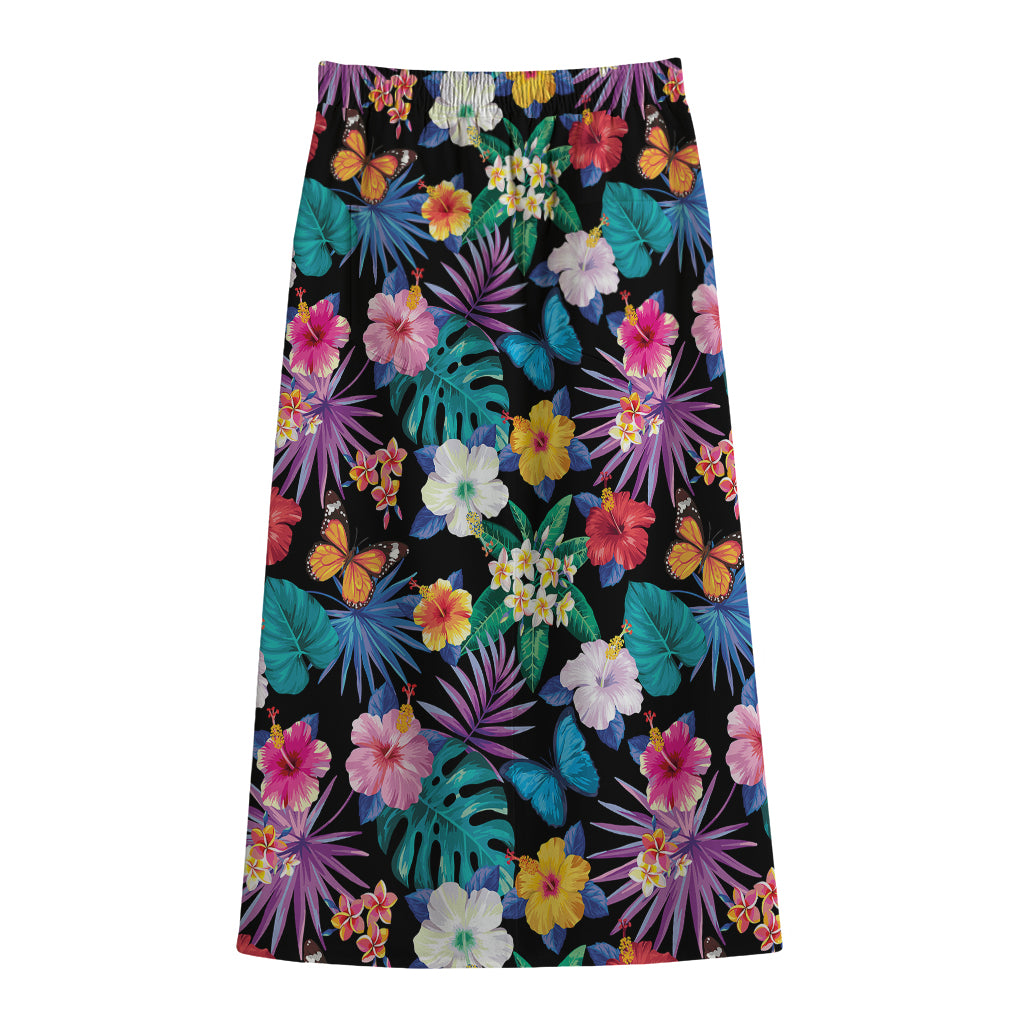 Colorful Tropical Jungle Hawaiian Print Cotton Front Slit Maxi Skirt