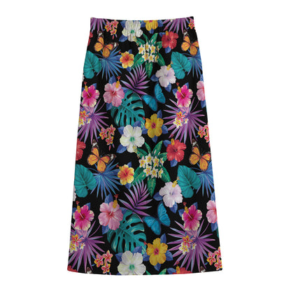Colorful Tropical Jungle Hawaiian Print Cotton Front Slit Maxi Skirt