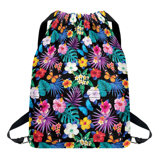 Colorful Tropical Jungle Hawaiian Print Drawstring Backpack