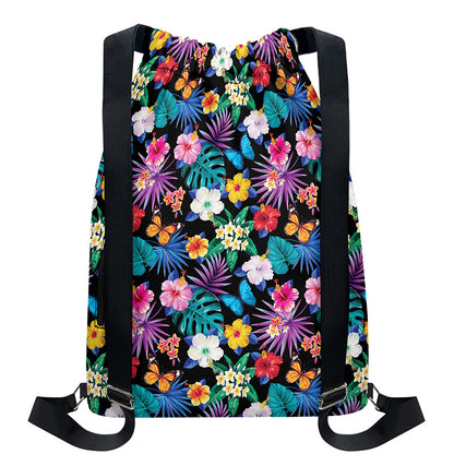 Colorful Tropical Jungle Hawaiian Print Drawstring Backpack