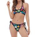 Colorful Tropical Jungle Hawaiian Print Halter Scoop Tie Side Bikini