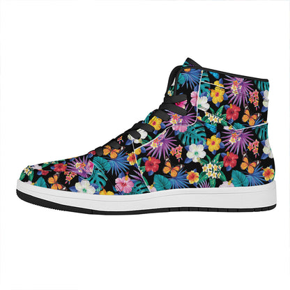 Colorful Tropical Jungle Hawaiian Print High Top Leather Sneakers