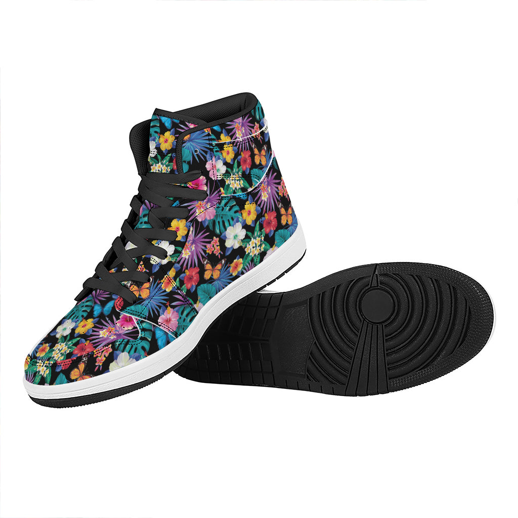 Colorful Tropical Jungle Hawaiian Print High Top Leather Sneakers