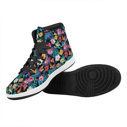 Colorful Tropical Jungle Hawaiian Print High Top Leather Sneakers