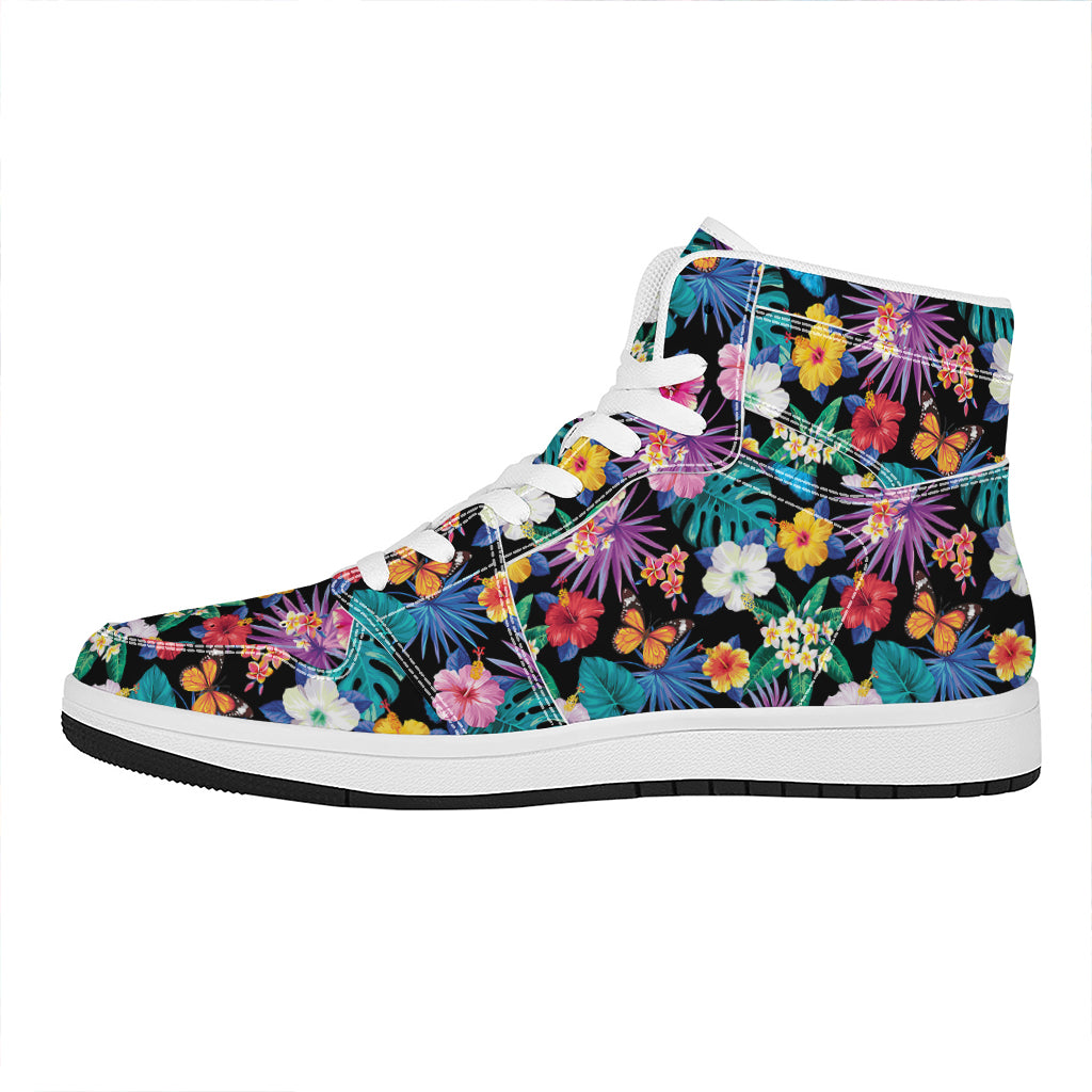 Colorful Tropical Jungle Hawaiian Print High Top Leather Sneakers