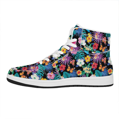 Colorful Tropical Jungle Hawaiian Print High Top Leather Sneakers